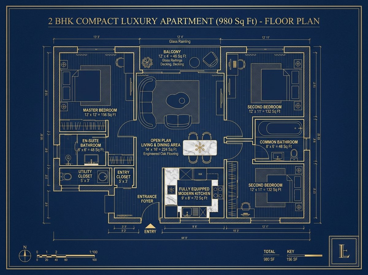 2 BHK Floor Plan Blueprint